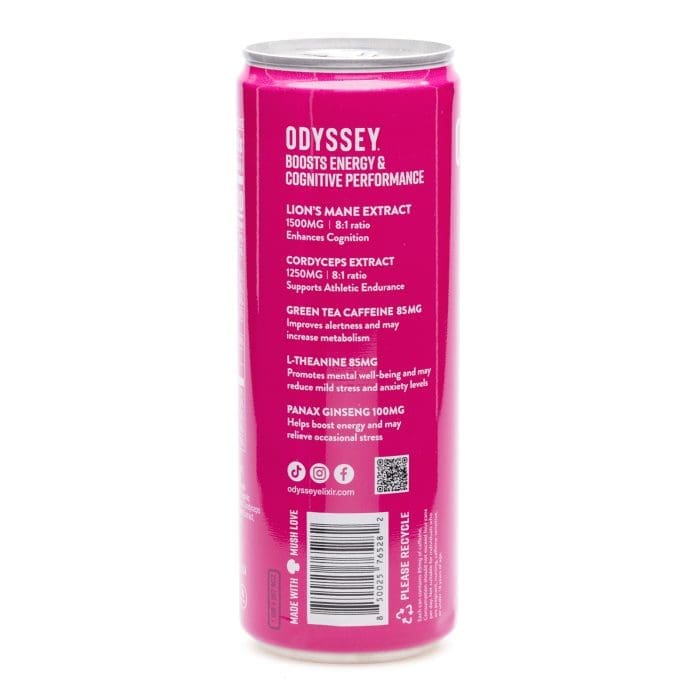 Odyssey Mushroom Focus + Energy Elixir - Sparkling Dragon Fruit Lemonade (4 Pack) - Can Side