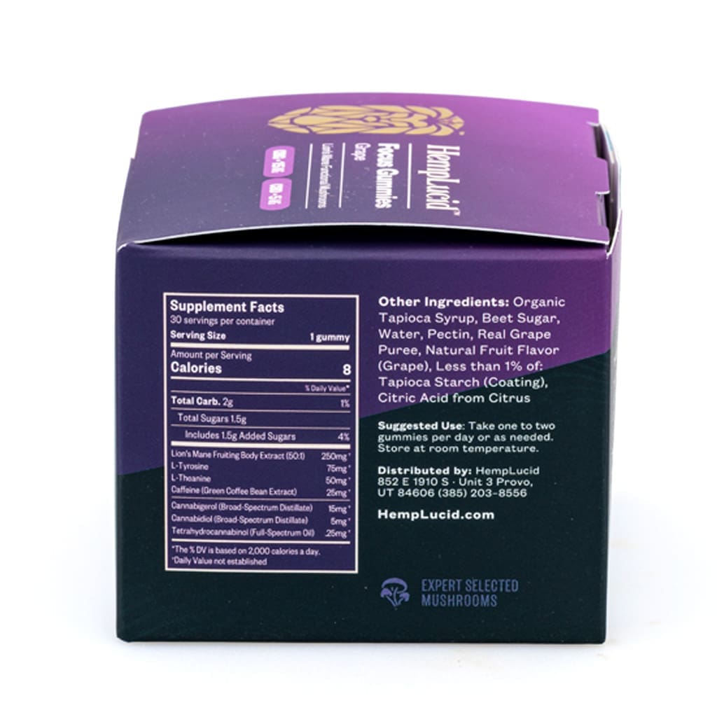 Hemplucid Focus Mushroom Gummies – Grape (450 mg Total CBG + 150 mg Total CBD) - Box Back