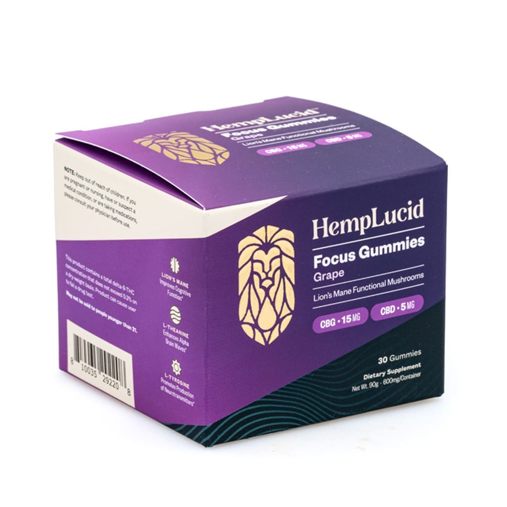 Hemplucid Focus Mushroom Gummies – Grape (450 mg Total CBG + 150 mg Total CBD) - Box Front