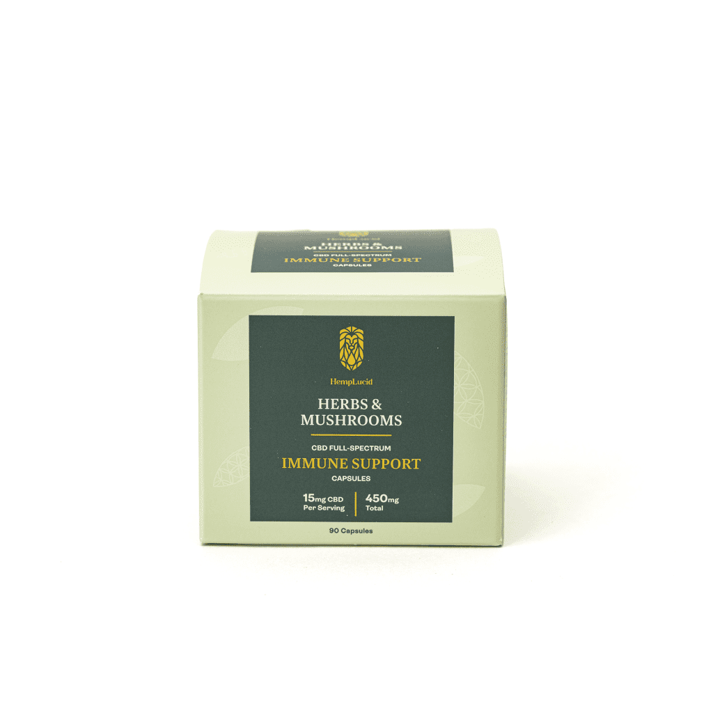 Hemplucid Herbs & Mushroom Immune Stacks CBD Capsules (1350 mg Total CBD + 135 mg Total Delta-9-THC) - Box Front