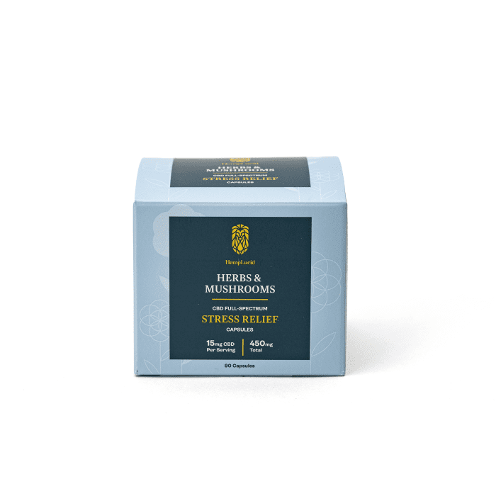 Hemplucid Herbs & Mushrooms Stress Stacks CBD Capsules (450 mg Total CBD + 45 mg Total Delta-9-THC) - Box Front