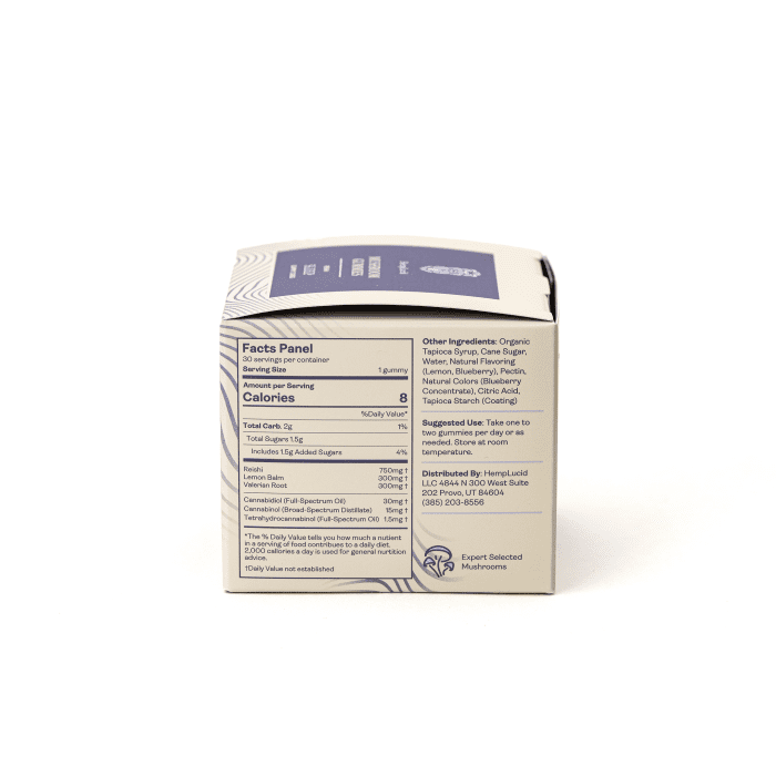 Hemplucid Sleep Mushroom Gummies - Blueberry Lemon (900 mg Total CBD + 450 mg Total CBN) - Combo - Box Side