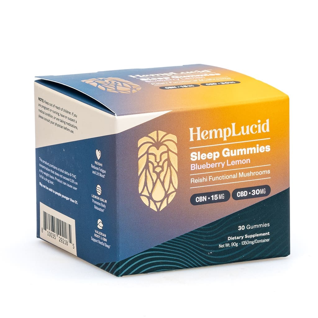 Hemplucid Sleep Mushroom Gummies – Blueberry Lemon (900 mg Total CBD + 450 mg Total CBN) - box front