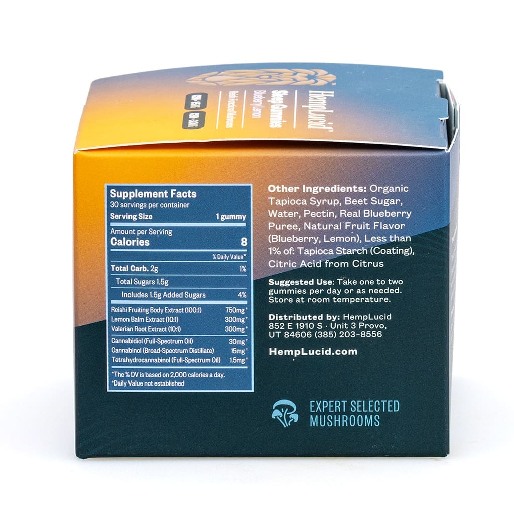 Hemplucid Sleep Mushroom Gummies – Blueberry Lemon (900 mg Total CBD + 450 mg Total CBN) - box side