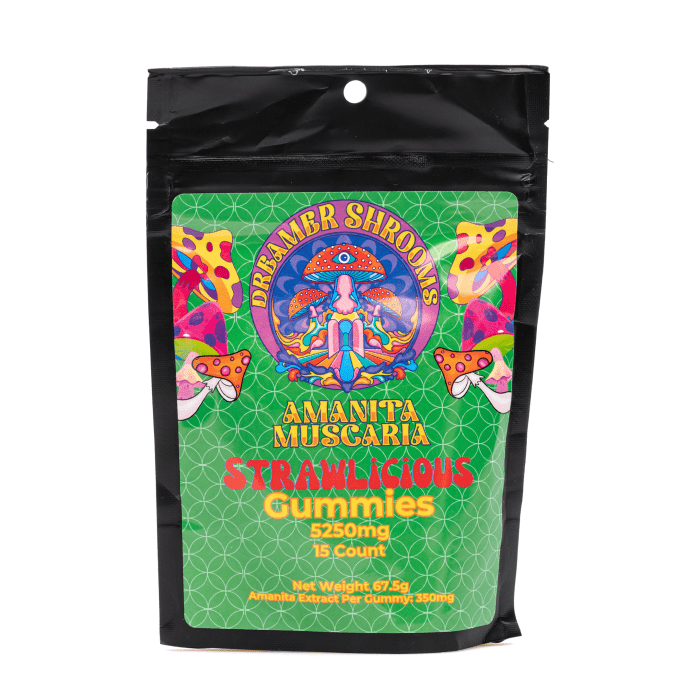 Dreamer Shrooms Amanita Muscaria Mushroom Gummies - Strawlicious (15 Count) - Bag Front