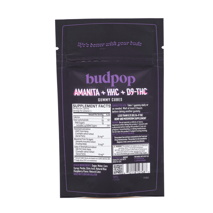 Budpop Amanita Muscaria Mushroom + HHC + Delta 9 Gummies (5 Count) - Bag Back