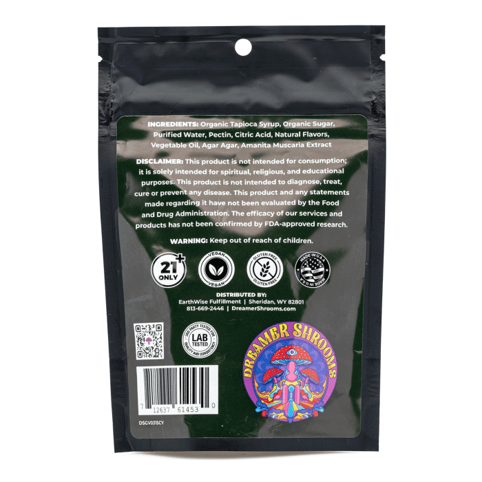 Dreamer Shrooms Amanita Muscaria Mushroom Gummies - Cherrynova (15 Count) - Bag Back